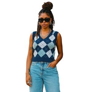Hollister Large Crop Blue Argyle Sweater Vest Preppy Trendy Office Streetwear